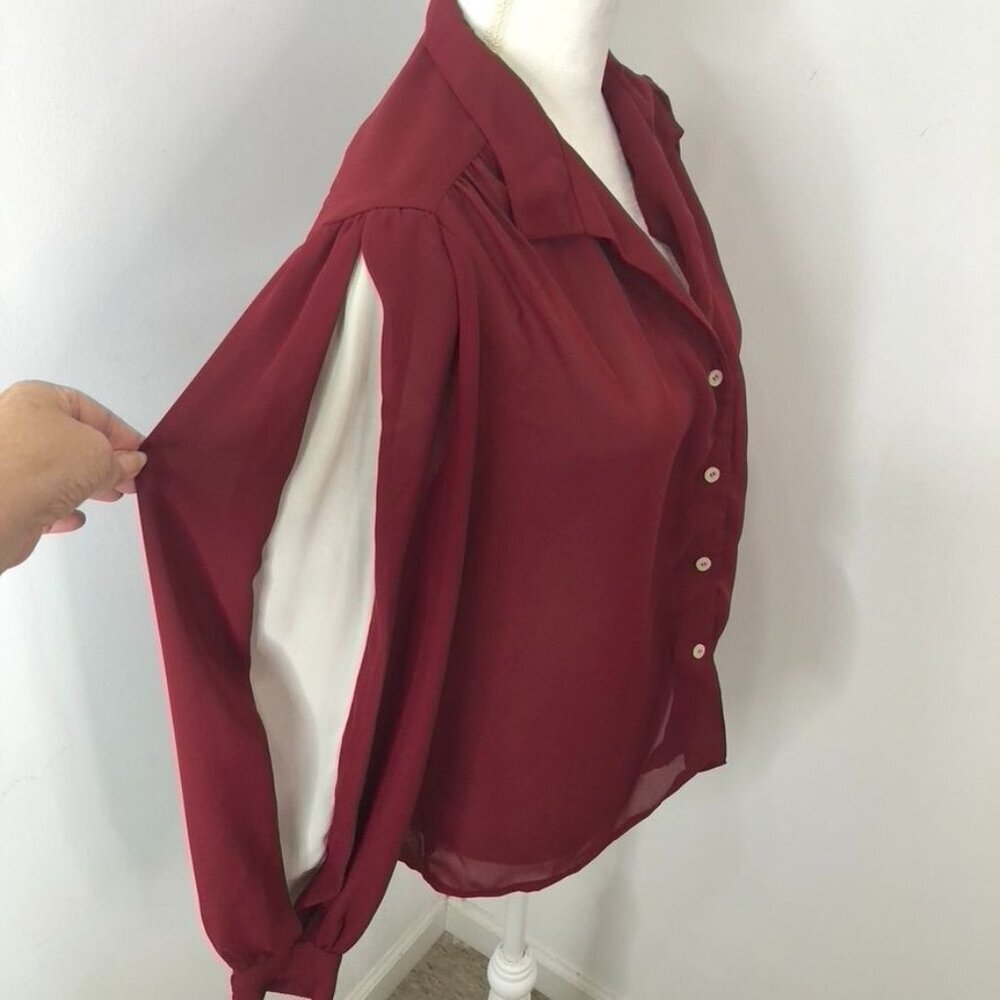 Vintage Burgundy Sheer Button-Up Blouse Size Large Balloon Sleeves *FLAWS*